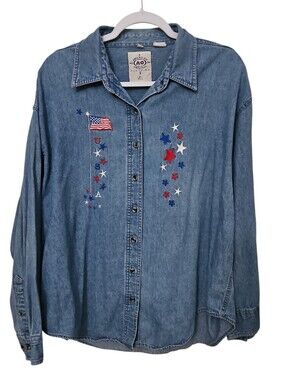 Vtg American Original Denim Button-Up Shirt USA Patriotic Star Embroidery Sz XL